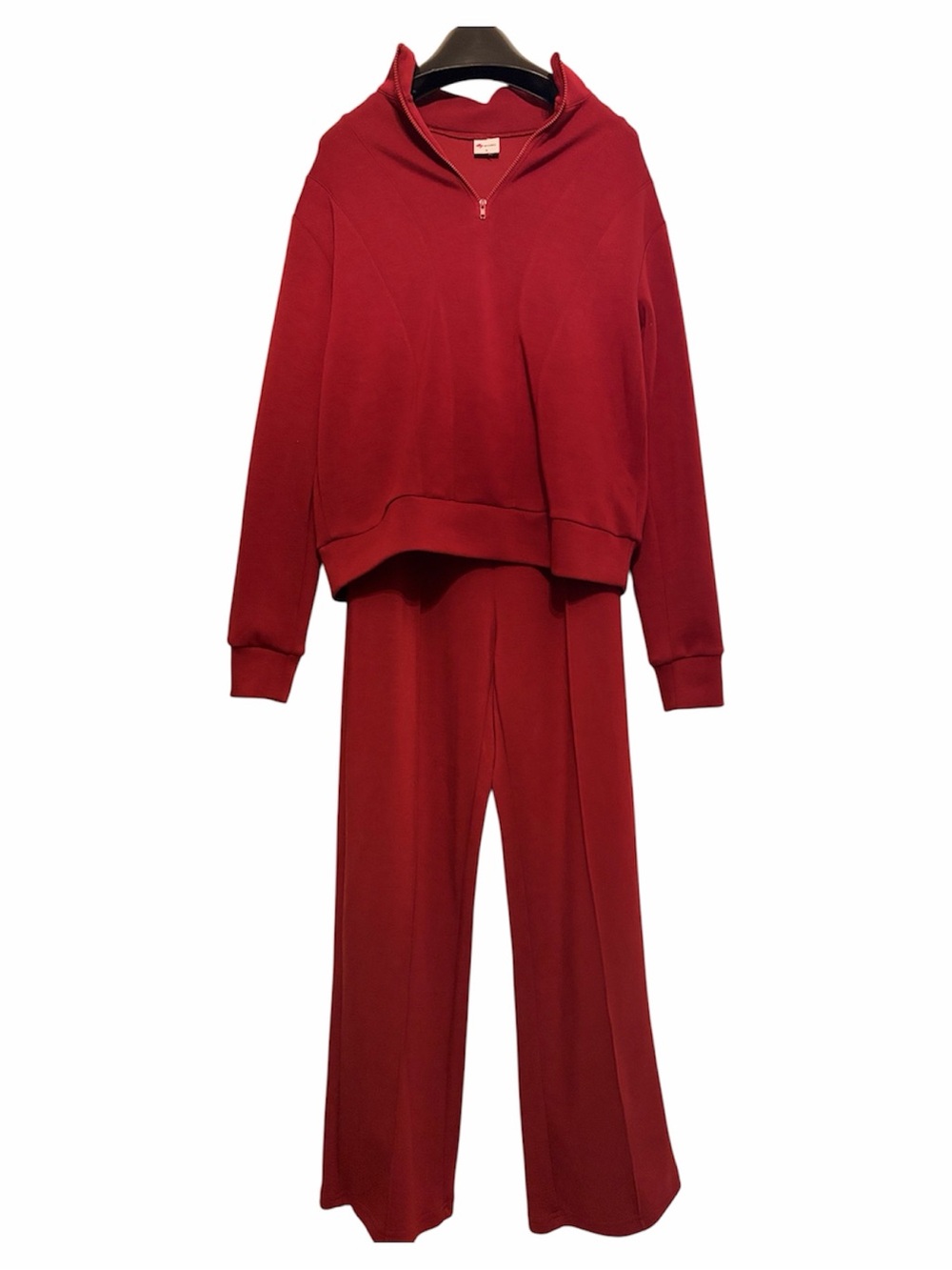 Red Wide-Leg Two-Piece Zip Sweatshirt Set